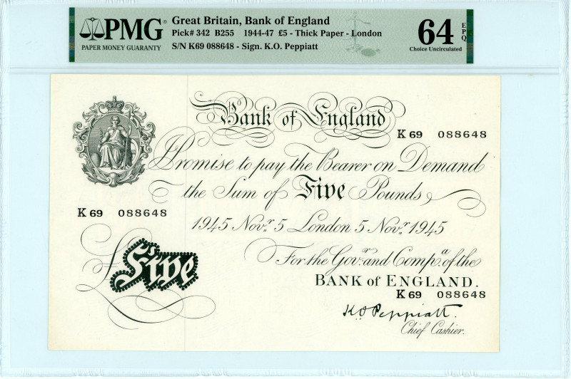 Great Britain
Bank of England, London
5 Pounds, 22 August 1945 (1944-1947)
S/N K...