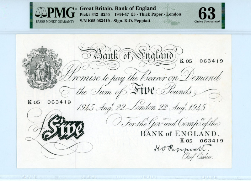 Great Britain
Bank of England, London
5 Pounds, 22 August 1945 (1944-1947)
S/N K...