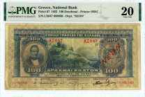Greece
National Bank of Greece (ΕΘΝΙΚΗ ΤΡΑΠΕΖΑ ΤΗΣ ΕΛΛΑΔΟΣ)
100 Drachmai, 17 February 1922
S/N ΛΞ047 689080
Red ‘NEON’ overprint
Printer: BWC
Pick 67;...