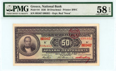 Greece
National Bank of Greece (ΕΘΝΙΚΗ ΤΡΑΠΕΖΑ ΤΗΣ ΕΛΛΑΔΟΣ)
50 Drachmai, 6 May 1923 (old date) - 1926 Issue
S/N BE047 698952
Red ‘NEON 1926’ overprint...