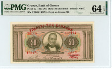 Greece
Bank of Greece (ΤΡΑΠΕΖΑ ΤΗΣ ΕΛΛΑΔΟΣ)
50 Drachmai, 24 May 1927 (ND 1928)
S/N ΞΒ069 136474
Red ‘ΤΡΑΠΕΖΑ ΤΗΣ ΕΛΛΑΔΟΣ’ overprint 
Printer: ABNC
Pic...