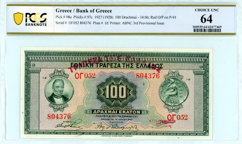 Greece
Bank of Greece (ΤΡΑΠΕΖΑ ΤΗΣ ΕΛΛΑΔΟΣ)
100 Drachmai, 14 June 1927 (ND 1928)...