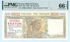 Greece
Bank of Greece (ΤΡΑΠΕΖΑ ΤΗΣ ΕΛΛΑΔΟΣ)
100 Drachmai, 1 September 1935
S/N ΑΘ024 688333
Watermark: Demeter’s Head
Pick 105a; Pitidis 104

Graded G...