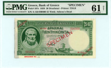 Greece
Bank of Greece (ΤΡΑΠΕΖΑ ΤΗΣ ΕΛΛΑΔΟΣ)
SPECIMEN No. 25 of 50 Drachmai, 1st January 1939
S/N A-150 000000
Printer: TDLR
Watermark: Athena’s Head
P...