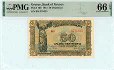 Greece
Bank of Greece (ΤΡΑΠΕΖΑ ΤΗΣ ΕΛΛΑΔΟΣ)
50 Drachmai, 9th November 1944
S/N BM 378323
Pick 169; Pitidis 150

Graded Gem Uncirculated 66 EPQ PMG.

T...