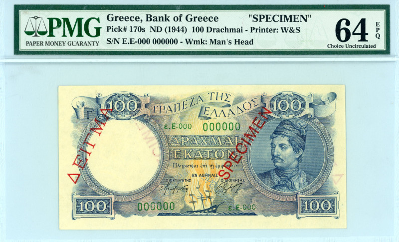 Greece
Bank of Greece (ΤΡΑΠΕΖΑ ΤΗΣ ΕΛΛΑΔΟΣ)
SPECIMEN 100 Drachmai, ND (1944)
S/N...