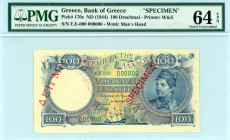Greece
Bank of Greece (ΤΡΑΠΕΖΑ ΤΗΣ ΕΛΛΑΔΟΣ)
SPECIMEN 100 Drachmai, ND (1944)
S/N ε.Ε-000 000000
Red ‘SPECIMEN’ and ‘ΔΕΙΓΜΑ’ overprints
Printer: W&S
Wa...