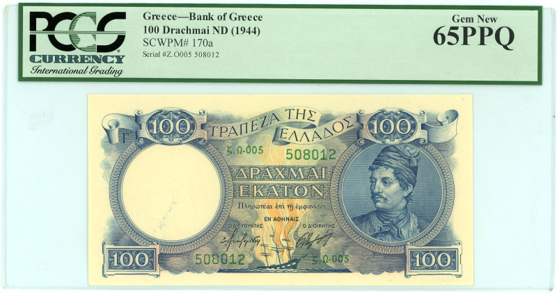 Greece
Bank of Greece (ΤΡΑΠΕΖΑ ΤΗΣ ΕΛΛΑΔΟΣ)
100 Drachmai, ND (1944)
S/N ζ.Ω-005 ...