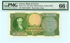 Greece
Bank of Greece (ΤΡΑΠΕΖΑ ΤΗΣ ΕΛΛΑΔΟΣ)
500 Drachmai, ND (1945)
Printer: BWC
S/N Θ.07-522973
Watermark: Aristotle
Pick 171a; Pitidis 153

Graded G...