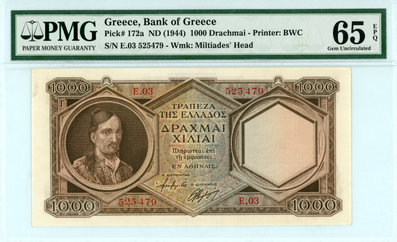 Greece
Bank of Greece (ΤΡΑΠΕΖΑ ΤΗΣ ΕΛΛΑΔΟΣ)
1000 Drachmai, ND (1944)
S/N E.03 52...