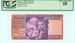 Greece
Bank of Greece (ΤΡΑΠΕΖΑ ΤΗΣ ΕΛΛΑΔΟΣ)
5000 Drachmai, ND (1947)
S/N M.14 376006
Watermark: Apollo’s Head
Pick 177a; Pitidis 159

Graded Choice Ab...