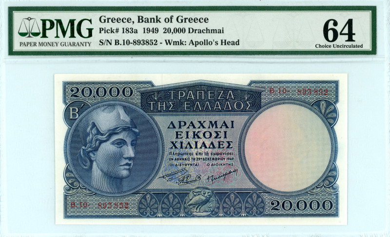 Greece
Bank of Greece (ΤΡΑΠΕΖΑ ΤΗΣ ΕΛΛΑΔΟΣ)
20.000 Drachmai, 29th December 1949
...