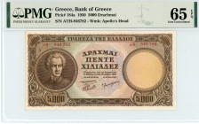 Greece
Bank of Greece (ΤΡΑΠΕΖΑ ΤΗΣ ΕΛΛΑΔΟΣ)
5.000 Drachmai, 28th October 1950
S/N αθ-846782
Watermark: Apollo’s Head
Pick 184a; Pitidis 168

Graded Ge...