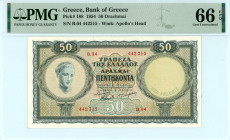 Greece
Bank of Greece (ΤΡΑΠΕΖΑ ΤΗΣ ΕΛΛΑΔΟΣ)
50 Drachmai, 15th January 1954 - New Issue
S/N B.04 442315
Watermark: Apollo’s Head
Pick 188; Pitidis 172
...