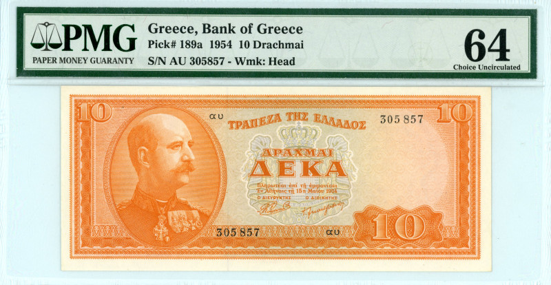 Greece
Bank of Greece (ΤΡΑΠΕΖΑ ΤΗΣ ΕΛΛΑΔΟΣ)
10 Drachmai, 15th May 1954
S/N αυ 30...