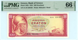 Greece
Bank of Greece (ΤΡΑΠΕΖΑ ΤΗΣ ΕΛΛΑΔΟΣ)
100 Drachmai, 1st July 1955
S/N O.10 320438
Watermark: Miltiades’ Head
Pick 192b; Pitidis 178

Graded Gem ...