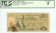 Greece
Bank of Greece (ΤΡΑΠΕΖΑ ΤΗΣ ΕΛΛΑΔΟΣ)
Replacement Note 500 Drachmai, 1 February 1983
S/N 00A 056344
Pick 201r; Pitidis 188Re

Graded Very Good 8...