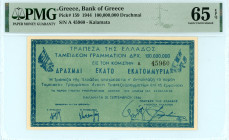 Greece
Bank of Greece (ΤΡΑΠΕΖΑ ΤΗΣ ΕΛΛΑΔΟΣ)�Kalamata 100.000.000 Drachmai, 20 September 1944 - A’ Issue
S/N A 45960
Pick 159; Pitidis 417

Graded Gem ...