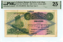 Lebanon
Banque de Syrie et du Liban
1 Livre, 1st September 1939
S/N J/FQ 002756
Blue overprint Type E
Printer: BWC
Pick 26e

Graded Very Fine 25 PMG.