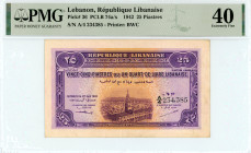 Lebanon
République Libanaise
25 Piastres, 1st August 1942
S/N A/4 234385
Printer: BWC
Pick 36

Graded Extremely Fine 40 PMG.