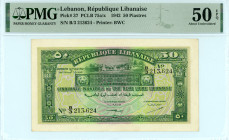 Lebanon
République Libanaise
50 Piastres, 1st August 1942
S/N B/3 213624
Printer: BWC
Pick 37

Graded About Uncirculated 50 EPQ PMG.