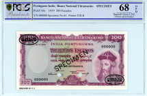 Specimen Sessenta (Sixty) Escudos Banknote of Banco Nacional Ultramarino of  Portuguese India (Goa) of 1959.