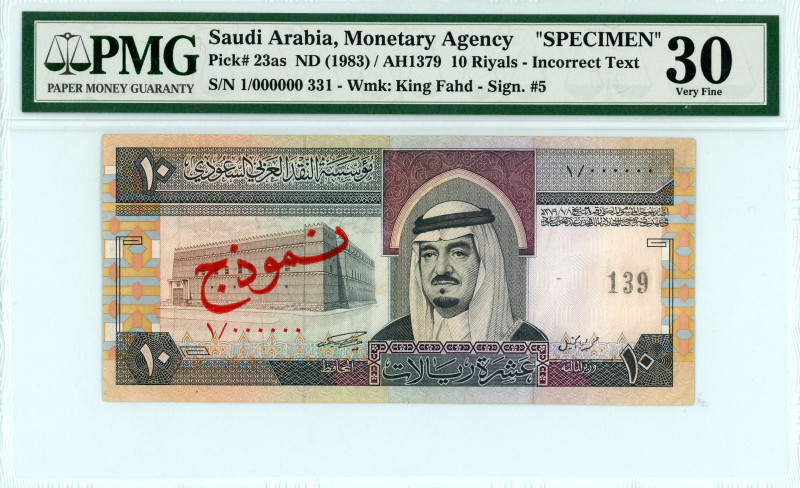 Saudi Arabia
Monetary Agency
SPECIMEN 10 Riyals, ND (AH1379/1983)
S/N 1/000000 3...