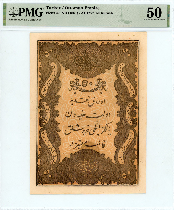 Turkey
Ottoman Empire
50 Kurush, AH1277 / 1861
Pick 37

Graded About Uncirculate...