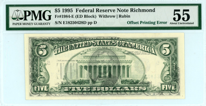 USA
Federal Reserve Note Richmond
Printing Error 5 Dollars, 1995
S/N E18250428D ...