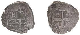 Bolivia, Charles III, 1759-1788. Cob 8 Reales, 1768 P V-Y, Potosi mint, 27.17g (KM45).

Grey tone with strong details for issue and very clear date.

...