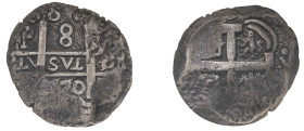 Bolivia, Charles III, 1759-1788. Cob 8 Reales, 1770 P V-J, Potosi mint, 27.87g (KM45).

Very attractive cabinet tone with P and date clearly visible. ...