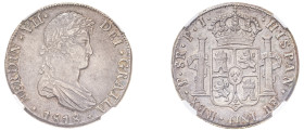 Bolivia, Ferdinand VII, 1808-1825. 8 Reales, 1818 PTS PJ, Potosi mint (KM84).

Attractive grey cabinet tone with golden hues.

Graded AU58 NGC.