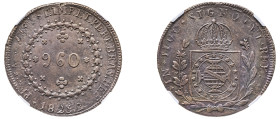 Brazil, Peter I, 1822-1831. 960 Reis, 1823 R, Rio de Janeiro mint, “SIGNO” variety, overstruck on Bolivia’s 8 Reales 1817 PTS PJ (KM368.1).

Medium gr...