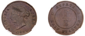 Cyprus, British Administration, Victoria, 1837-1901. 1/2 Piastre, 1891, Royal mint (KM2; Fitikides 23).

Graded AU58BN NGC.