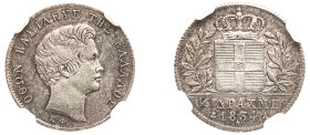 Greece, King Otto, 1832-1862. 1/4 Drachma, 1834 A, First Type, Paris mint (KM18; Divo 16b).

Attractive light grey tone.

Graded AU58 NGC.