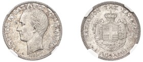 Greece, King George I, 1863-1913. Drachma, 1868 A,
First Type, Paris mint (KM38; Divo 53a; IV3).

An exceptional example with steel-grey patina and...