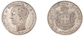 Greece, King George I, 1863-1913. 2 Drachmai, 1873 A, First Type, Paris mint (KM39; Divo 51b; IV4).

Medium grey tone with cabinet friction on high ...