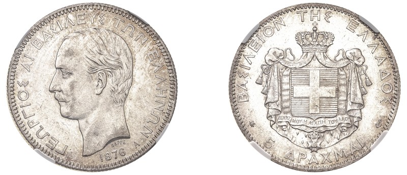 Greece, King George I, 1863-1913. 5 Drachmai, 1876 A, First Type, Paris mint (KM...