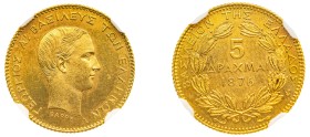 Greece, King George I, 1863-1913. AV 5 Drachmai, 1876 A, Second Type, Paris mint (KM47; Divo 49; IV11; Fr. 17).

As struck, with wonderful luster an...