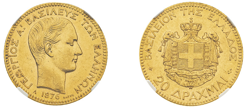 Greece, King George I, 1863-1913. AV 20 Drachmai, 1876 A, Paris mint (KM49; Divo...