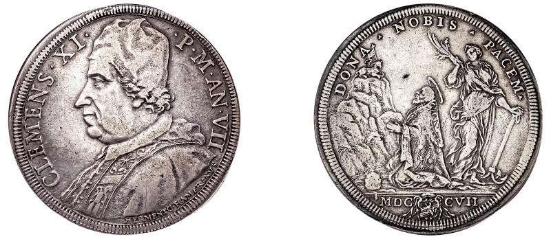 Italian States, Papal States, Clement XI, 1700-1721. Piastra, AN. VII (1707), Wa...