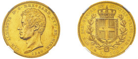 Italian States, Sardinia, Carlo Alberto, 1831-1849. AV 100 Lire, 1840 Anchor P, Genoa mint, AGW: 0.9332oz (KM133.2; Fr. 1139)

Attractive reddish gold...