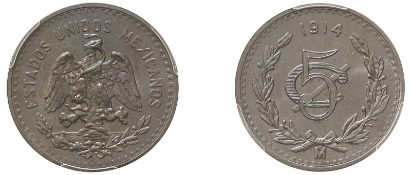 Mexico, Republic, 1823-. 5 Centavos, 1914 Mo, Mexico City mint (KM422).

Excepti...