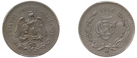 Mexico, Republic, 1823-. 5 Centavos, 1914 Mo, Mexico City mint (KM422).

Exceptional cartwheel luster with attractive blue hues.

Graded MS66BN PCGS.