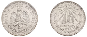 Mexico, Republic, 1823-. 10 Centavos, 1919 M, Mexico City mint (KM429).

A lustrous and problem free example.

Graded MS66 NGC.
