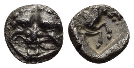 ASIA MINOR. Uncertain.(5th century BC). Obol.

Obv : Gorgoneion with protruding tongue.

Rev : Forepart of a horse to left within incuse square.

Cond...