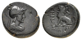 PHRYGIA.Peltai.(circa. 2nd-1st century BC).Ae.

Obv : Helmeted bust of Athena right.

Rev : ΠΕΛ / ΤΗΝΩΝ. 
Lion seated left.
BMC 1-2.

Condition : Nice...