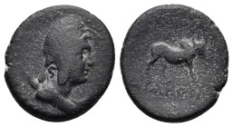 PISIDIA. Antioch.(1st century BC).Ae.

Obv : Draped bust of Mên right, wearing Phrygian cap and set upon crescent.

Rev : ANTIOXI / ΔIONVΣI.
Humped bu...