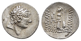 KINGS of CAPPADOCIA.(Circa 220-163 BC). Barbaric imitation.Drachm.

Obv : Diademed head right.

Rev : Barbaric figure of Athena to left, barbaric lett...