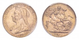 AUSTRALIA. Victoria, 1837-1901. Gold Sovereign 1899-P, Perth. 7.99 g. In US plastic holder, graded PCGS MS62, certification number 82472619.